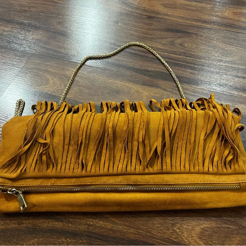 Boho Fringe Suede Tan/Brown Shoulder Bag with Gold Strap - Picture 7 of 11